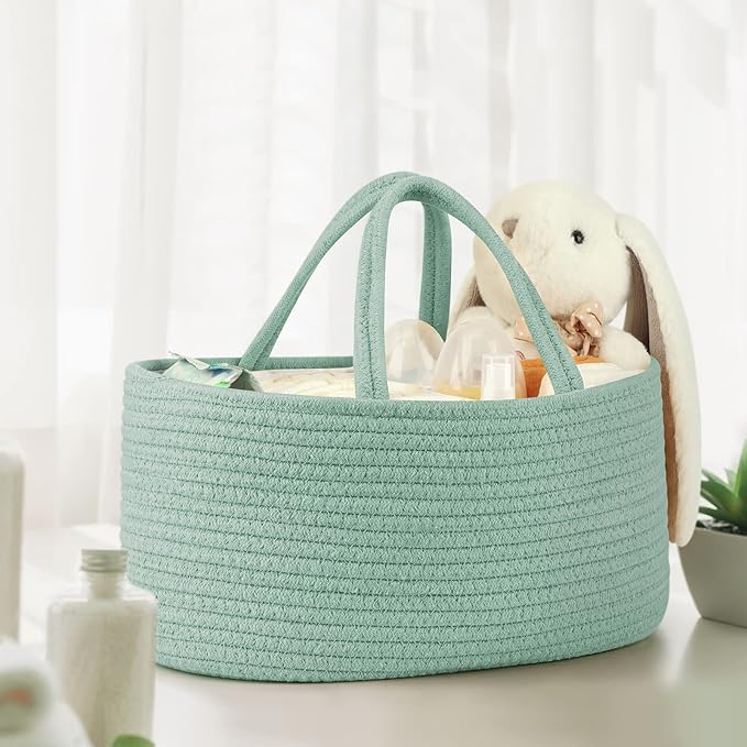 Maliton Diaper Caddy Organizer for Baby, Portable Diaper Storage Organizer for Changing Table and Car, Cotton Rope Nursery Storage Bin Basket for Baby Shower, Newborn Essentials Must Haves - Green