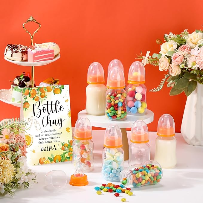 TrelaCo Bottle Chug Baby Shower Game 20 Pcs Baby Bottles Shower Favor with 1 Orange Theme Sign for Gender Reveal Party Supplies Gifts(Orange)