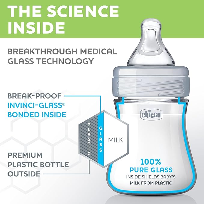 Chicco Duo 5oz. Hybrid Baby Bottle with Invinci-Glass Inside and Plastic Outside | Dishwasher, Bottle Warmer, and Electric Sterilizer Safe | Intui-Latch Nipple | Clear/Grey