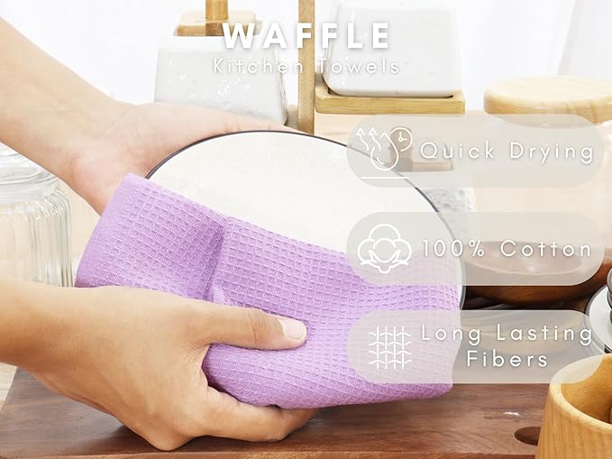 PurpleEssences Waffle Weave Kitchen Towel, 100% Cotton - 15 x 25 Inches, with Hanging Loop Ultra Soft Absorbent Quick Drying Dish Cloth, Tea and Hand Towels, 6 Pack - Fall Thanksgiving - Lavender