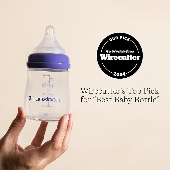 Lansinoh Anti-Colic Baby Bottles for Breastfeeding Babies, 5 Ounces, 4 Count, Includes 4 Extra Slow Flow Nipples, Size XS