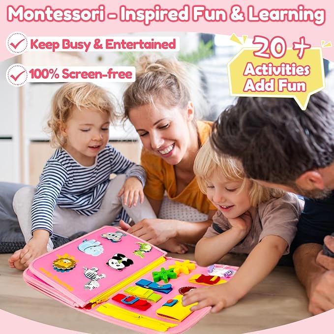 Qizfun Busy Board Montessori Toy for Toddlers, Educational Sensory Learning Toy for Fine Motor Skills, Preschool Travel Toy for Airplane & Car, Gifts for Boys and Girls