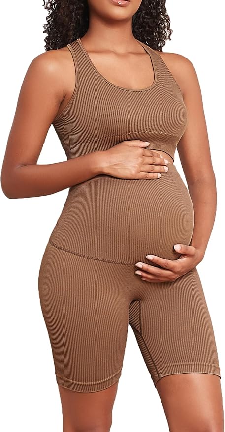 Women's Maternity 2 Piece Outfit Set - Bra & Shorts for Pregnancy - Yoga workout Lounge Wear Sets
