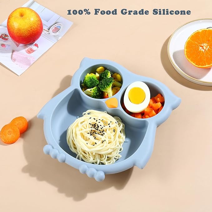 PandaEar Toddler Suction Plates, Stay Put Divided Baby Plates, Owl Shape BPA-Free 100% Food-Grade Silicone Unbreakable Baby Plate, Baby Feeding Supplies (Blue)
