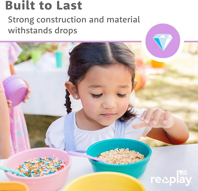Re-Play 12 oz. Toddler Bowls Set of 4 - Kids Deep-Walled, Durable & Reusable Snack and Meal Bowls, Dishwasher & Microwave Safe, BPA-Free, Made in USA from Recycled Plastic, True Blue