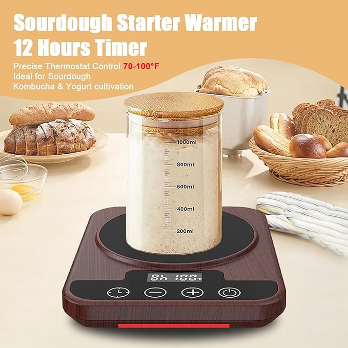 Sourdough Starter Warmer Mat, 12H Timer Warming Heating Pad, Precise 1°F Thermostat Control (70-100°F), Smart Memory Warming On/Off, Fits Jars Up to 40oz, Perfect for Home Baking (Wood)