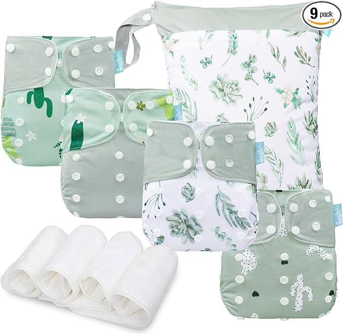 Baby Cloth Diapers Set - 4 Pack with 4 Inserts & 1 Wet/Dry Separation Bag, Reusable Infant Toddler Nappy, Adjustable Pocket Diapers for Baby Boys and Girls (6-33 pounds, 0-3 Years)