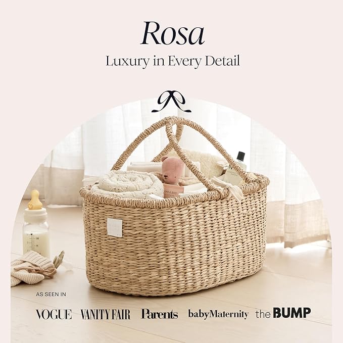BEBE BASK Premium Baby Diaper Caddy Organizer - Artisan-Made Seagrass Basket With Cotton Divider - Award-Winning & Luxury Diaper Caddy Basket (ROSA)