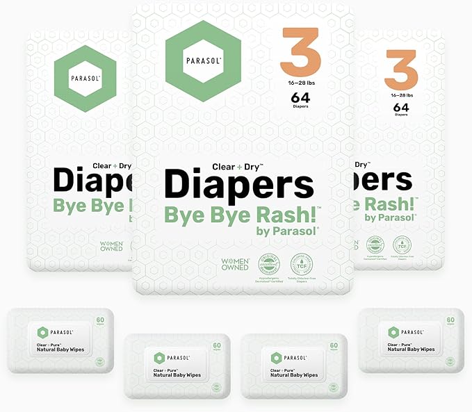 Parasol Clear+Dry Disposable Diapers and Clear+Pure Wipes, RashShield Protection, Size 3 (16-28 lbs), Diaper Bundle of 192 Diapers & 240 Wipes