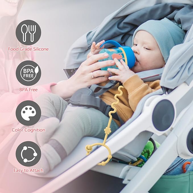 RTMOK (4Pcs) Sippy Cup Strap Keep Bottles and Sippy Cups Off The Floor, Sippy Cup Holder Strap Suitable for High Chairs, Strollers and Water Bottles- Dishwasher Safe