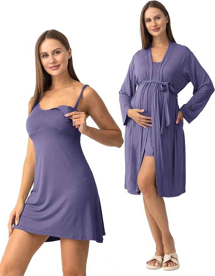 SUNNYBUY Women's Nursing Nightgown Maternity Robe Set, 3 in 1 Labor Delivery Breastfeeding Dress Postpartum Sleepwear