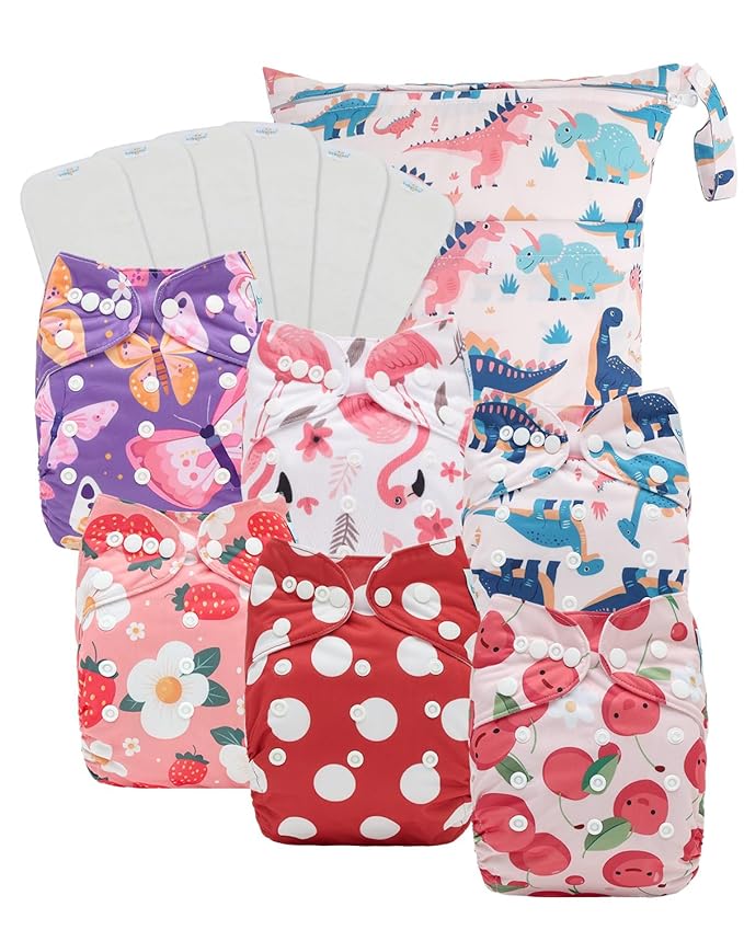 Babygoal Baby Cloth Diaper 6 Pack with 6pcs Inserts and Wet Bag for Fitted Diapers and Prefolds, Adjustable and Reusable Covers for Toddler Boys and Girls