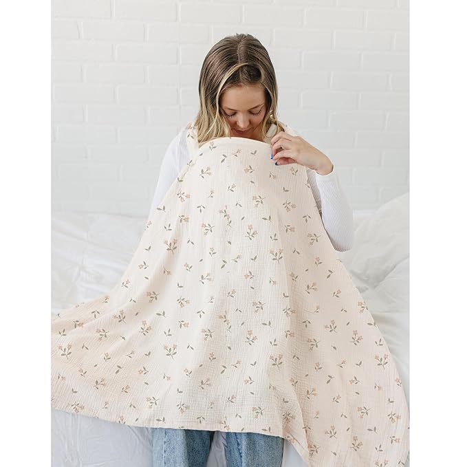 Muslin Nursing Covers for Breastfeeding, Privacy Breast Feeding Cover with Arch Neckline for Mom and Baby, Breathable 100% Cotton Nursing Apron Multi-use Stroller Cover