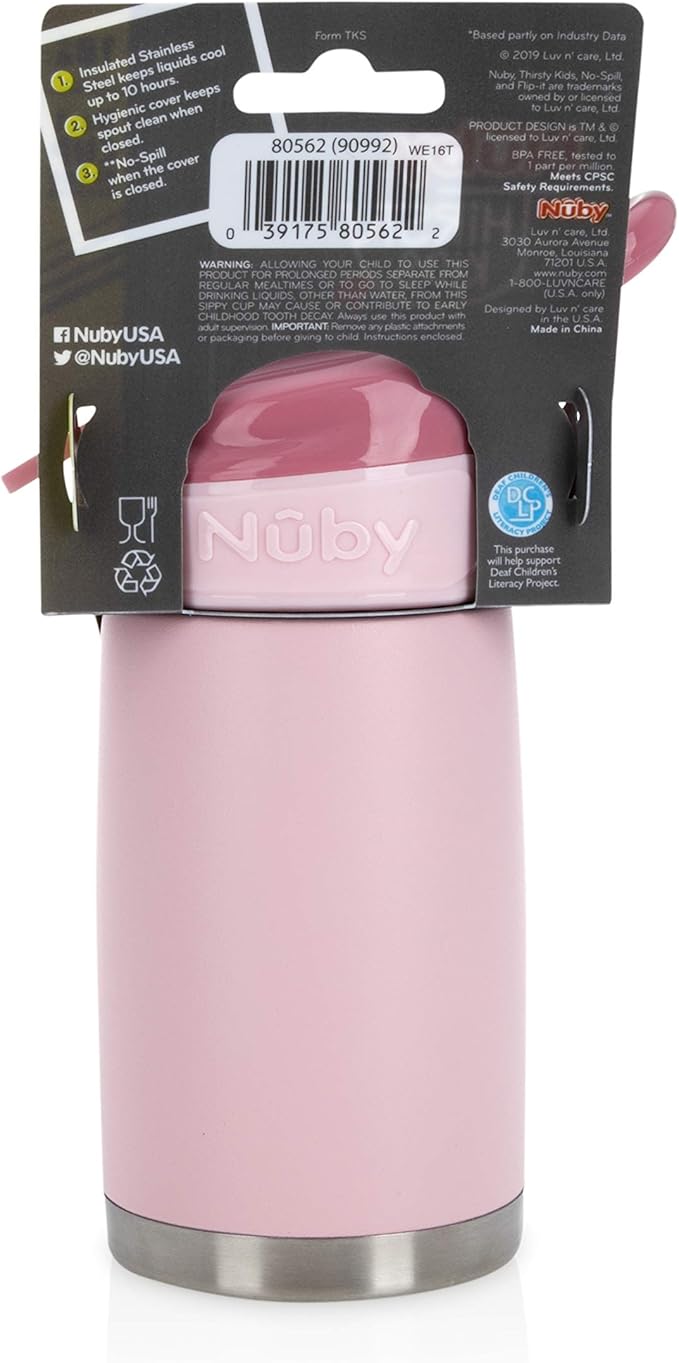 Nuby Thirsty Kids No Spill Flip-It Reflex Stainless Steel Travel Cup or Water Bottle - 10 Oz - 18+ Months - Pink - Back to School Essentials