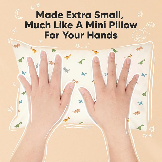 Mini Toddler Pillow with Pillowcase - 9x13 My Little Dreamy Travel Kids Pillow for Sleeping, Toddler Bed, Small, Tiny, Organic Cotton Pillowcase, Soft & Breathable, Kids 2-4 Years Old (Roarsome)
