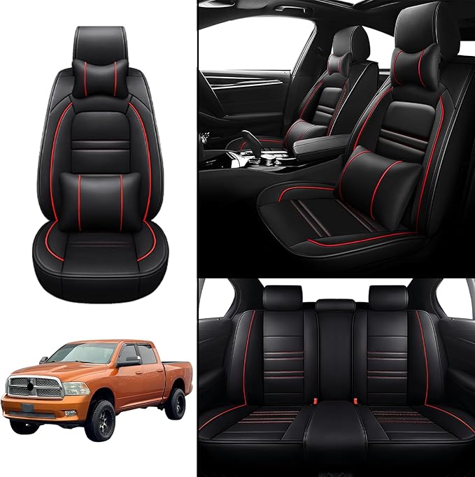 Car Seat Covers for Dodge ram 2004-2011 | 5-Seats Seat Covers, Waterproof Seat Protectors, Automotive Seat Covers (Full Set with Pillow,Black&Red Line)