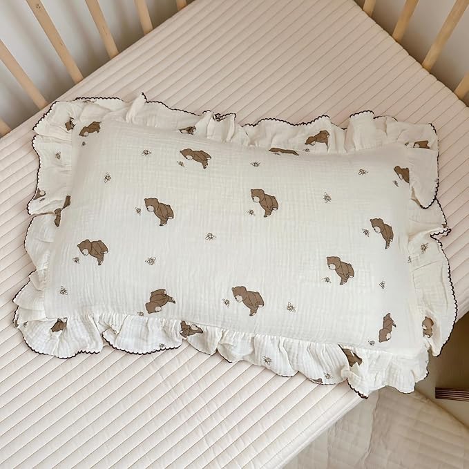 BuLuTu Cartoon Bear Muslin Pillowcase for Boys Girls Cute Animal Print Toddler Pillow Cases Soft Breathable Cotton Pillow Cover for Young Kids Bedding Nursery Decor,1 Piece, 20"x26"
