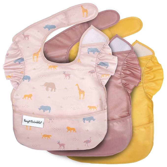 Tiny Twinkle Mess Proof Baby Bibs for Eating – Waterproof, Wipeable Toddler Bibs with Pocket – Baby Food Bibs for Girls & Boys(3 Pack,Petite Safari)