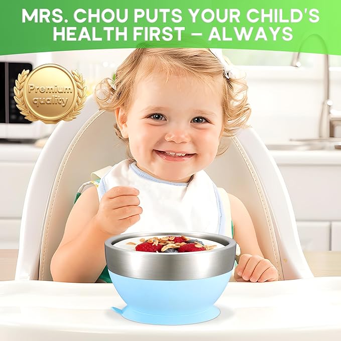 Suction Bowl and Spoon Set for Babies and Toddlers Non-Slip Silicone Suction Cups, Advanced 304 Stainless Steel Bowls, Double-Layer Insulation, and BPA-Free Lids Food-Grade Safety BLUE