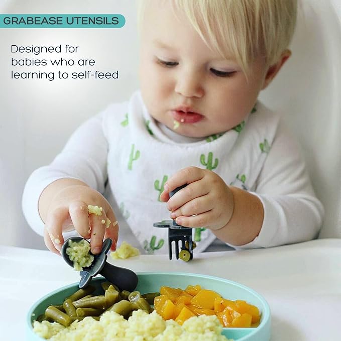 Grabease Baby Feeding Utensils - Anti-Choke Collar & Toddler Fork for Ages 1-3 - Easy-Grip Curved Handle Infant Spoon - Dishwasher-Safe Convenience & Baby Cutlery - Teal
