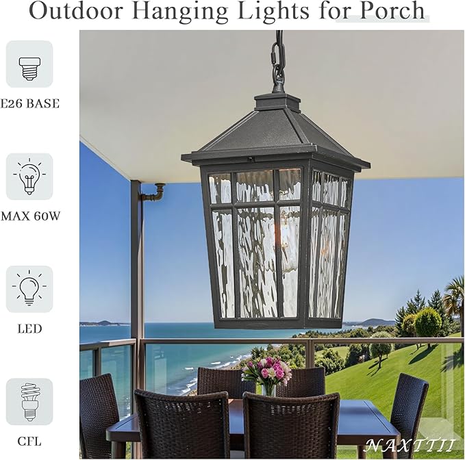 Large Outdoor Pendant Lights for Porch 15.2 Inch Dusk to Dawn Black Hanging Porch Lights Outdoor Waterproof Exterior Hanging Light Fixture with Adjustable Chain E26 Socket
