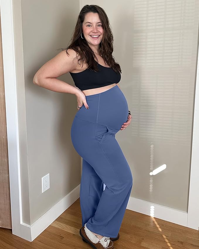 G4Free Maternity Pants Over The Belly Yoga Dress Work Pregnancy Pants Stretchy Lounge Wide Leg Trousers with Pockets