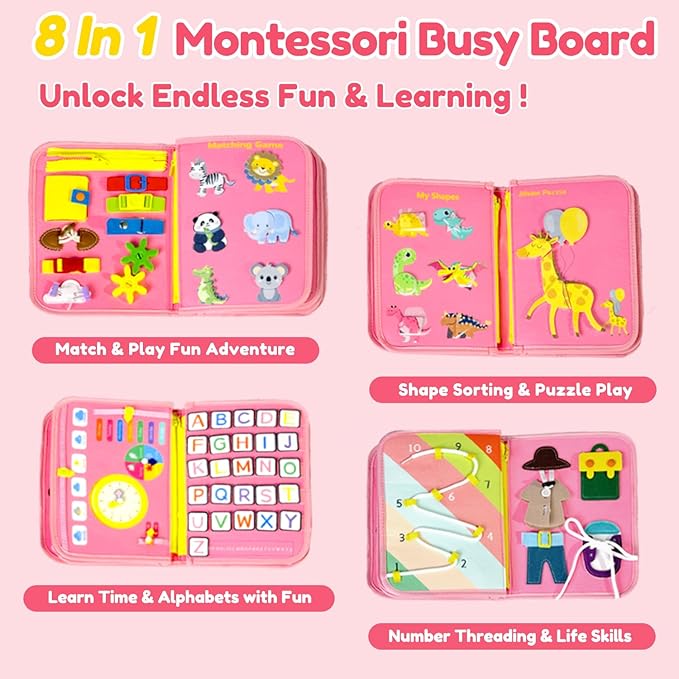 Qizfun Busy Board Montessori Toy for Toddlers, Educational Sensory Learning Toy for Fine Motor Skills, Preschool Travel Toy for Airplane & Car, Gifts for Boys and Girls