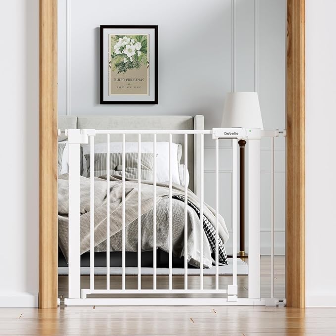 BABELIO Baby Gate for Doorways and Stairs, 36-41" Pet Gate with Wide Walk Thru Door and Lock Indicator, No Drill Pressure Mounted Safety Gate with Double Lock and Self-Closing, White