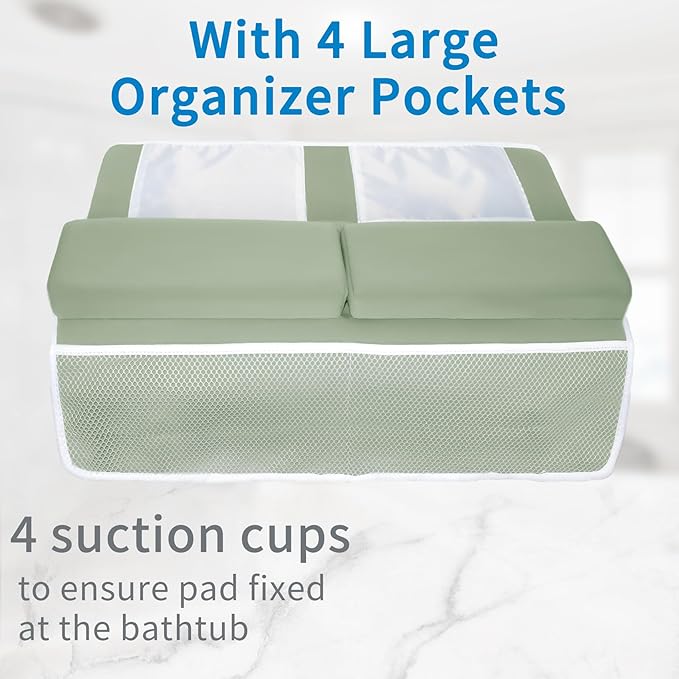 JJGoo Bath Kneeler with Elbow Rest Pad Set, 1.5 inch Kneeling Pad Mat for Bathtub Baby Bathing Parents, Painless Foam Mat with Toy Organizer Pockets, Non-Slip for Baby and Toddler Bathing