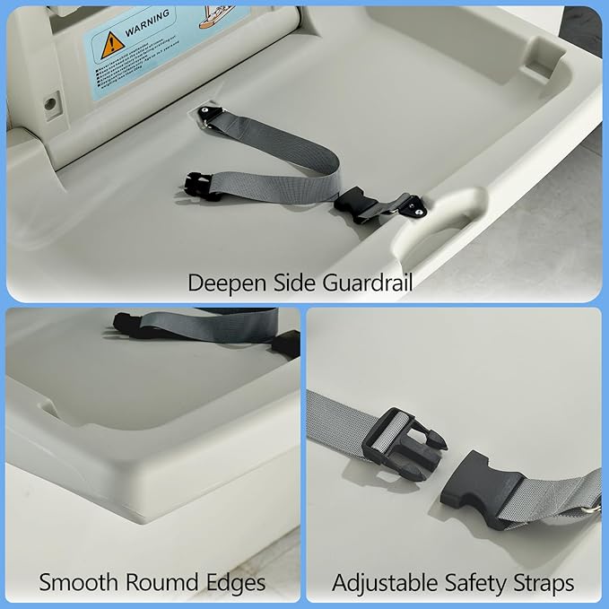 Fold-Down Baby Changing Station - Wall-Mounted, Space-Saving Design with Safety Straps for Commercial & Residential Restrooms (Grey)