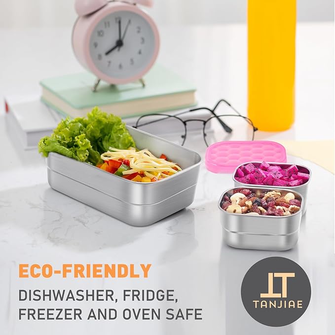 Small Stainless Steel Lunch Containers for Kids | Leak Proof BPA Free Snack Containers with Silicone Lids - Perfect Metal Snack Containers with Lids for School and Daycare (25oz+8oz*2)