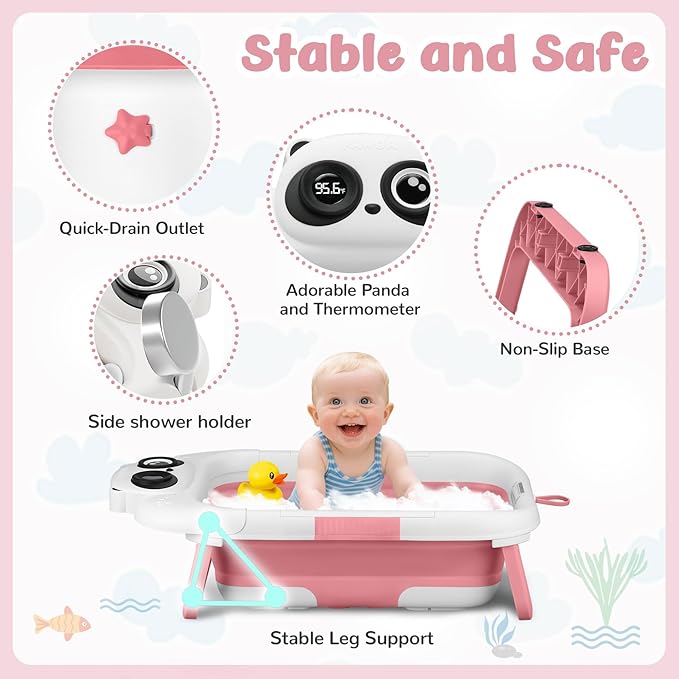 Collapsible Baby Bathtub for Newborn, Baby Bath Tub with Thermometer & Soft Floating Cushion & Drain Hole for Infant to Toddler, Portable Travel Bathtub with No-Slip Feet for 0-36 Months-Pink