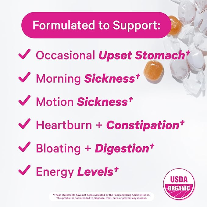 Pink Stork Organic Mango Sweets with Vitamin B6 for Morning Sickness and Motion Sickness, Added Ginger & Vitamin B6, 1st Trimester Pregnancy Must Haves - 30 Wrapped Candies