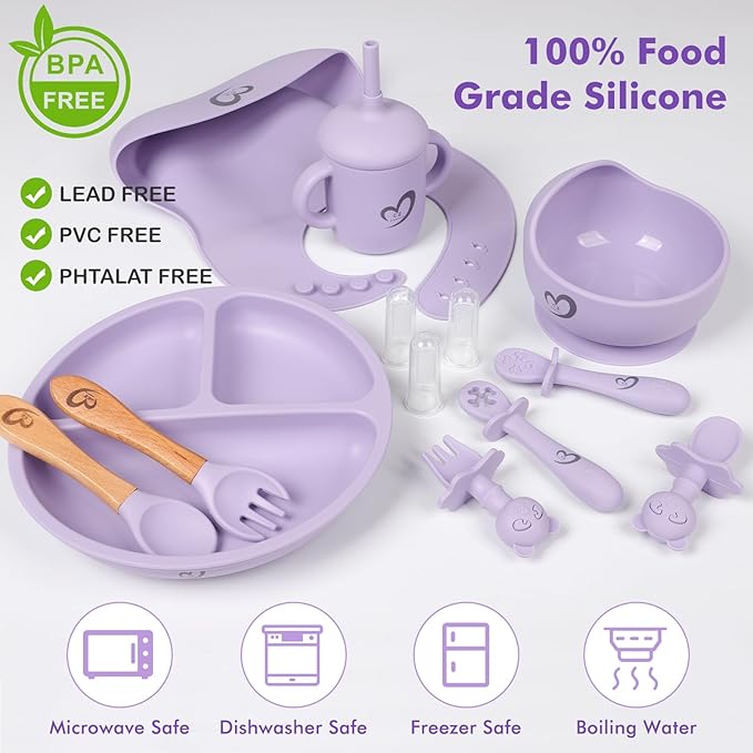 Silicone Baby Feeding Set Essentials,13 Pcs,Baby Led Weaning Supplies, Baby Spoons Suction Bowl Divided Plate Bib Cup Finger Brush,First Stage Solid Food Eating Utensils - 6 Months + (Purple)