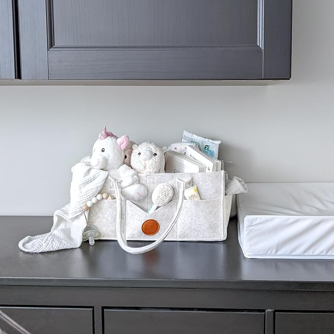 Maliton Baby Diaper Caddy, Nursery Storage Bin & Car Organizer with Handle, Large Felt Bag for Newborn essentials Boy or Girl, Changing Table Organizer for Baby Stuff, 15" x 9" x 7" Baby Shower Basket