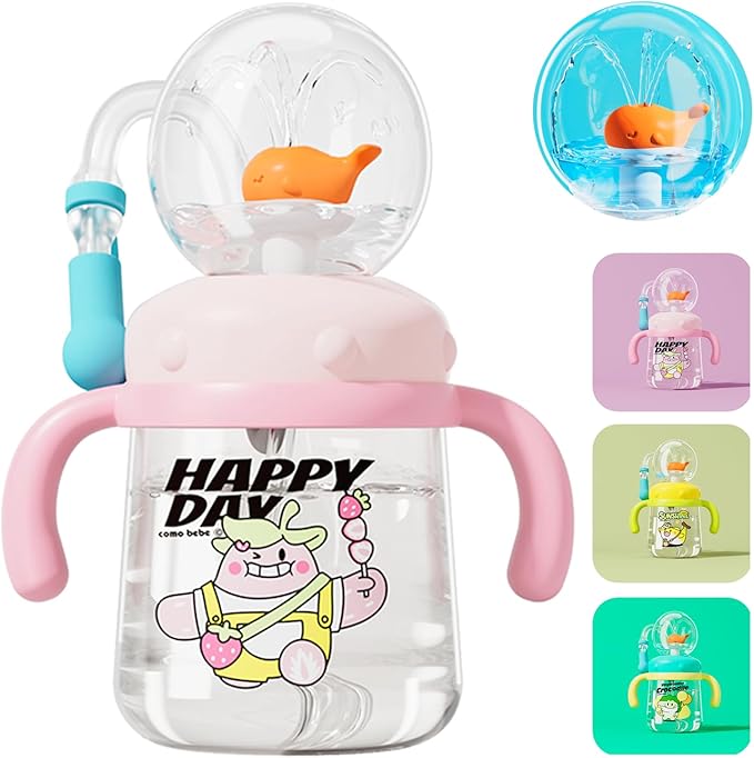 Whale Fountain Tumbler, Spill Proof Straw Cups for Toddlers Interactive Baby Straw Cup & Weighted Sippy Cups, Fun Drinking Cup with Whale Squirt 10oz/300ml