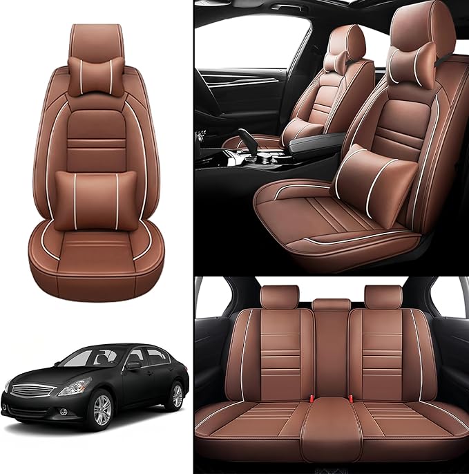 Car Seat Covers for Infiniti g37 2008-2013 | 5-Seats Seat Covers, Waterproof Seat Protectors, Automotive Seat Covers (Full Set with Pillow,Coffee)