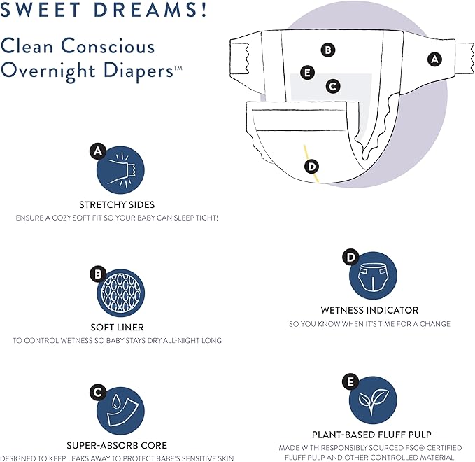 The Honest Company Clean Conscious Overnight Diapers for Sensitive Skin, Hypoallergenic Fragrance-Free Baby Diapers, Cozy Cloud and Star Signs Design, Club Box, Size 3 (16–28 lbs), 52 Count
