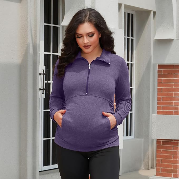 GINKANA Maternity Women's Long Sleeve Shirt Half Zipper Lapel Lightweight Casual Maternity Pullover with Pockets