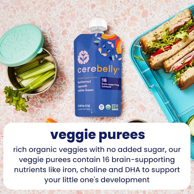 Cerebelly Organic Baby Food Pouches, Hearty Veggie Purees, 16 Nutrients, No Added Sugar, Non-GMO, Toddler Snacks, 4 Flavors, 4oz, 8 Pack