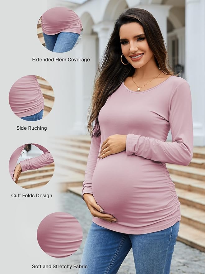 Ecavus Women's Maternity Shirts Long Sleeve Soft Stretchy Pregnancy Tops Side Ruched Casual Mama Clothes