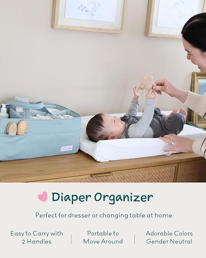 Lily Miles Baby Diaper Caddy Organizer, Wipeable Diaper Organizer Basket with 8 Pockets for Newborn Essentials, Nursery Tote Bag for Changing Table & Car Organization (Willow Green, Large)