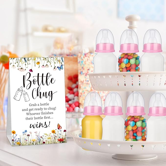 TrelaCo Bottle Chug Baby Shower Game Sign 20 Pcs Baby Bottles Shower Favor Plastic Greenery Flowers Bear Elephant Butterfly Gift Set for Gender Reveal Party (Wildflower, Pink)