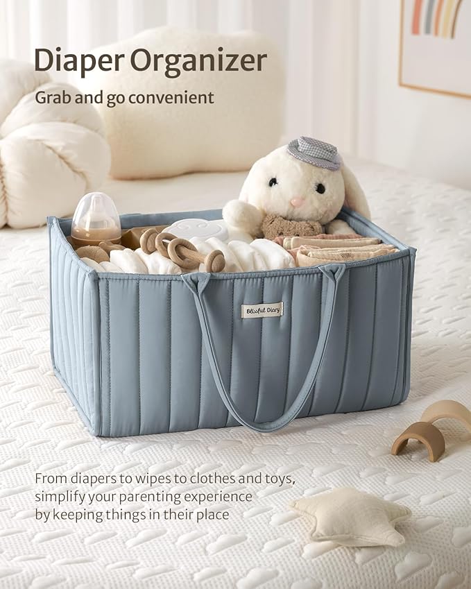 Blissful Diary Baby Diaper Caddy Organizer, Stylish Storage Basket for Newborn Essentials and Diaper Station, Gift for Baby Shower and Registry Must-Have, Dusty Blue