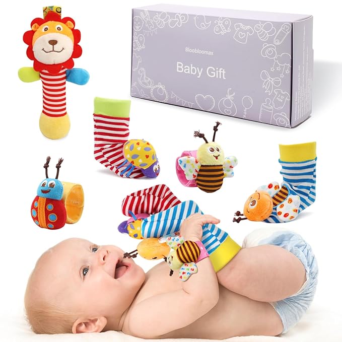 Wrist Rattles Foot Finder Rattle Toy for 0-6 Months Baby, Feet Leg Ankle Socks Arm Hand Bracelet Shaker for 6-12 Months Infant boy & Girl, Gift Set for 0-3 Years Newborn Babies (5 pcs-F)