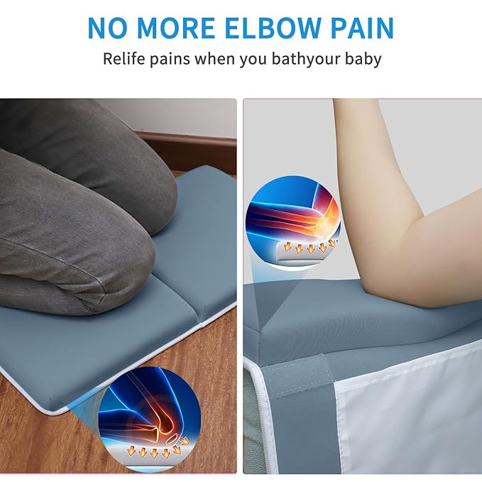 JJGoo Bath Kneeler with Elbow Rest Pad Set, 1.5 inch Kneeling Pad Mat for Bathtub Baby Bathing Parents, Painless Foam Mat with Toy Organizer Pockets, Non-Slip for Baby and Toddler Bathing