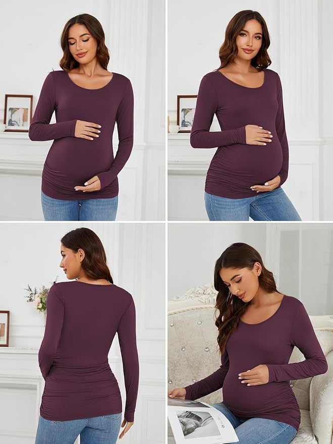 Ecavus Women's Maternity Shirts Long Sleeve Soft Stretchy Pregnancy Tops Side Ruched Casual Mama Clothes