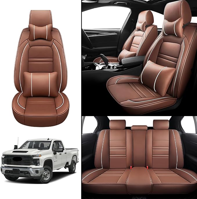 Car Seat Covers for Chevy Silverado 2500 2007-2025 | 5-Seats Seat Covers, Waterproof Seat Protectors, Automotive Seat Covers (Full Set with Pillow,Coffee)