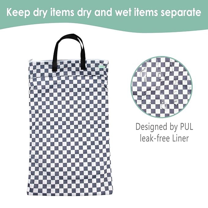 wegreeco Reusable Hanging Wet Dry Cloth Diaper Bag (Checkerboard Grey, Mint Green)