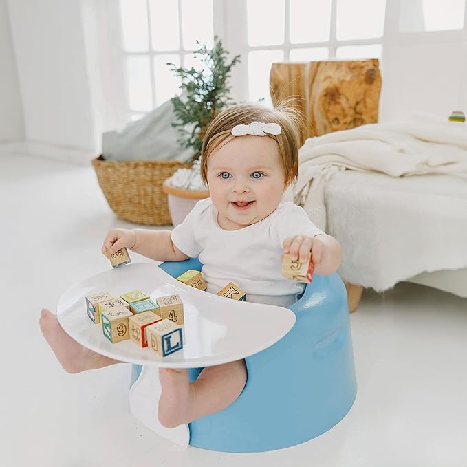 Bumbo Baby Floor Seat, Portable Infant Sit Up Activity & Eating Chair with Tray Accessory, Powder Blue - Feeding and Sitting Lounger for Babies and Infants Ages 3 to 12 Months